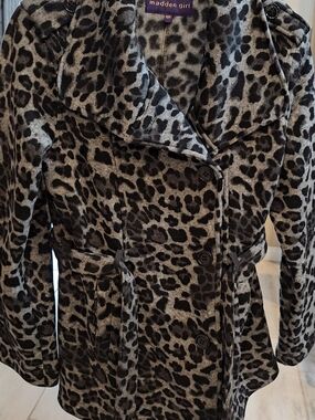 Madden Girl Black & Gray Leopard-Print Peacoat with Belt.  Soft Fabric